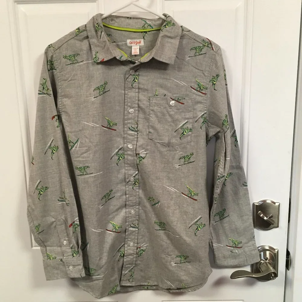 Boy’s Cat & Jack Gray Skiing Dinosaur Long Sleeve Button Down Shirt XLH (16)